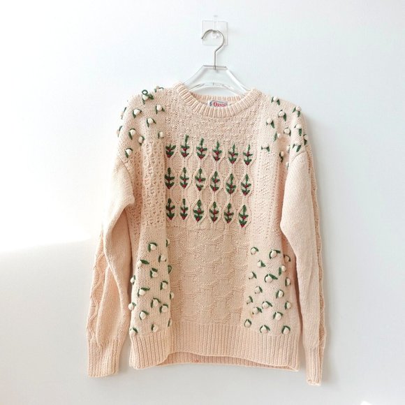 VINTAGE Orvis Sweater Medium Cream Fisherman Cable Knit Floral Grandmacore 90s - Picture 1 of 16